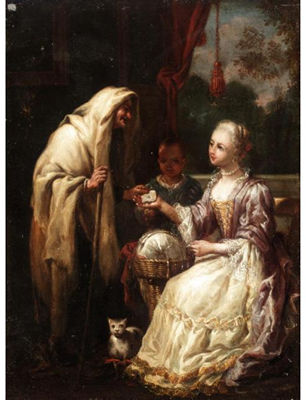 INTERIOR WITH A FORTUNE TELLER AND A YOUNG LADY, A PAGE BEYOND