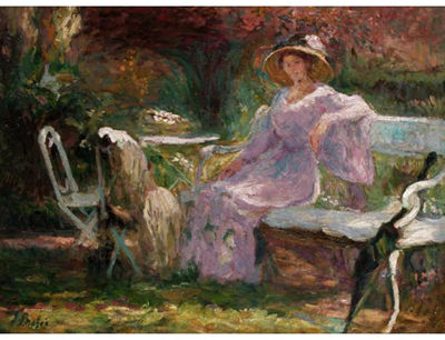 WOMAN SEATED ON A BENCH IN A GARDEN