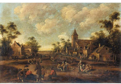 VILLAGE SCENE WITH CROWDS OF FIGURES BEFORE A CHURCH by Cornelis Droochsloot - Auction record, sale price, and art valuation. Compare with similar artists and explore comparable artworks.