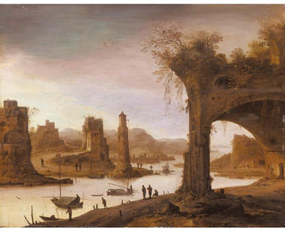 A RIVER LANDSCAPE WITH FIGURES STANDING BEFORE RUINS