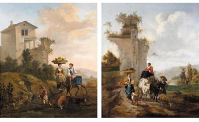 ITALIANATE LANDSCAPES WITH DROVERS AND THEIR ANIMALS CARRYING THEIR PRODUCE TO MARKET (a pair)