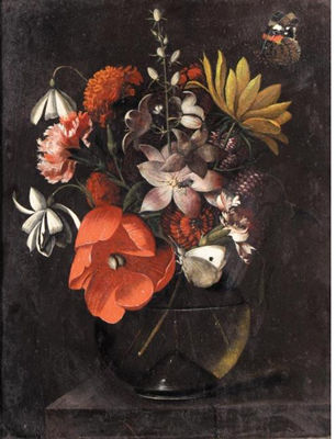 STILL LIFE WITH VARIOUS FLOWERS IN A GLASS VASE ON A LEDGE