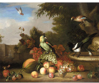 STILL LIFE OF FRUIT, A PARROT, A MAGPIE AND OTHER BIRDS IN A PARK SETTING