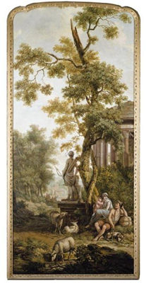 AN ARCADIAN LANDSCAPE WITH A SHEPHERD AND HIS FAMILY RESTING NEAR THEIR FLOCK