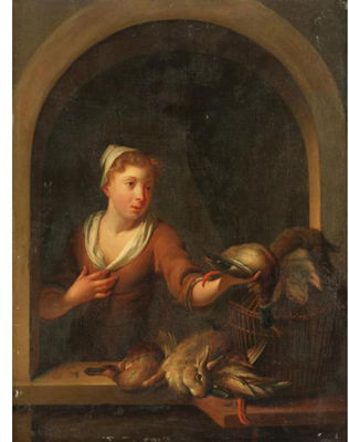 A GAME SELLER, HOLDING A MALLARD DRAKE, AT A WINDOW, TOGETHER WITH A BASKET AND OTHER DUCKS AND RABBITS ON A STONE LEDGE