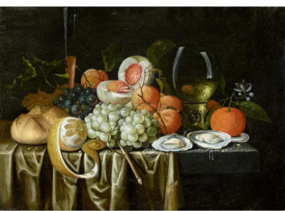 STILL LIFE WITH A ROEMER, OYSTERS, ORANGES, GRAPES, APRICOTS, A PEACH, A BUN AND A LEMON TOGETHER ON A STONE LEDGE DRAPED WITH A CLOTH