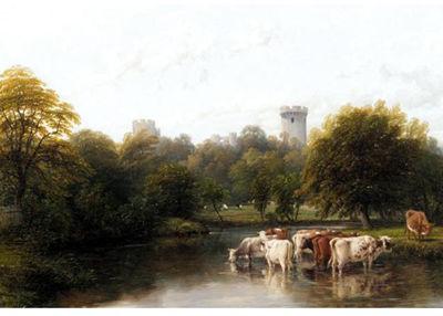 MILL POND WITH COWS, WARWICK CASTLE BEYOND