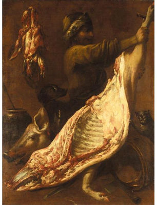 AN INTERIOR OF A BUTCHER'S SHOP WITH A BUTCHER PREPARING A SIDE OF PORK, TOGETHER WITH A CAT AND A DOG