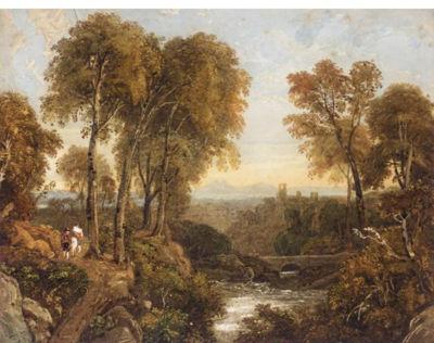 FIGURES ON A WOODED PATH BY A RIVER, A CASTLE AND MOUNTAINS BEYOND