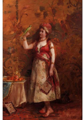 A YOUNG GIRL WITH A GREEN PARROT