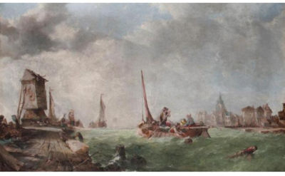 FISHING BOATS BY A PIER