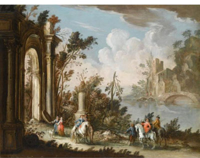 A RIVER LANDSCAPE WITH CAVALIERS CONVERSING BEFORE RUINS, A BRIDGE AND A HOUSE BEYOND