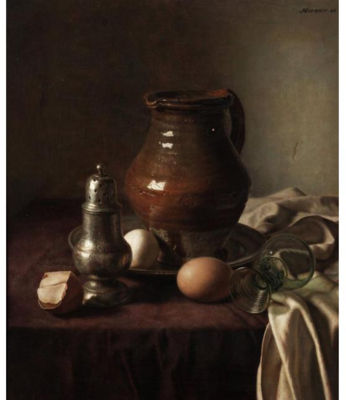 STILL LIFE WITH EGGS, A GLASS AND JUG