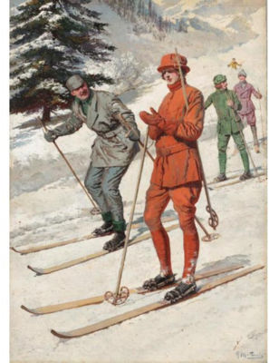 THE SKI PARTY by Fortunino Matania - Auction record, sale price, and art valuation. Compare with similar artists and explore comparable artworks.