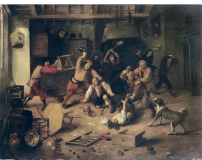 PEASANTS BRAWLING IN A TAVERN INTERIOR