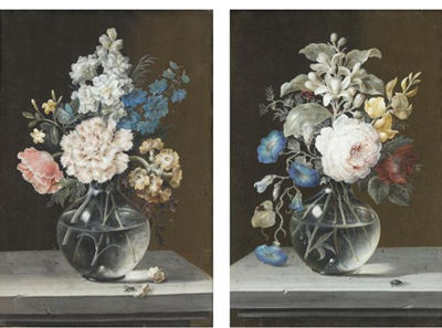 A PAIR OF STILL LIFES WITH ROSES, ORANGE BLOSSOMS, CONVULVULI, CARNATIONS, AND ANENOMES, IN GLASS VASES WITH INSECTS