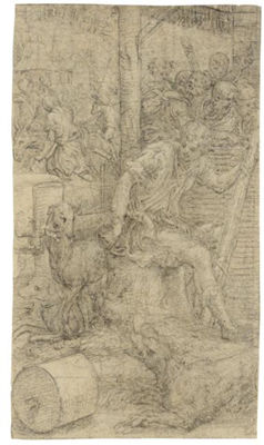 A YOUNG SHEPHERD SEATED ON A TREE TRUNK, THREE DOGS BESIDE HIM, FIGURES BEYOND AND HOUSES IN THE BACKGROUND
