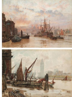 SUNSET, ST. PAULS; BOATS DOCKING WITH WESTMINSTER BEYOND (a pair)