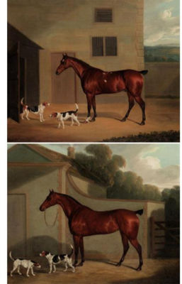 STUDIES OF BAY HUNTERS AND FOX HOUNDS OUTSIDE STABLES (a pair)
