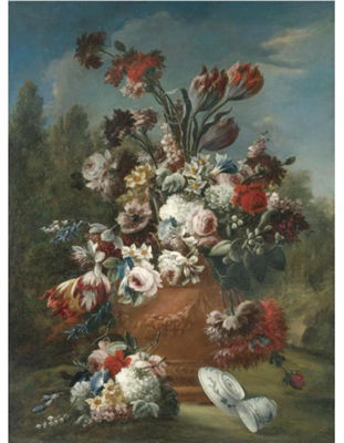 STILL LIFE WITH TULIPS ROSES DAFFODILS, NARCISSI, MORNING GLORY, CARNATIONS AND OTHER FLOWERS IN A TERRACOTTA URN WITH A PORCELAIN BOWL AND CUP IN A LANDSCAPE by Francesco Lavagna - Auction record, sale price, and art valuation. Compare with similar artists and explore comparable artworks.