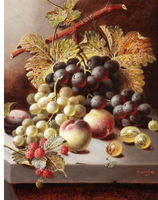 STILL LIFE WITH PEACHES, GRAPES AND RASPBERRIES