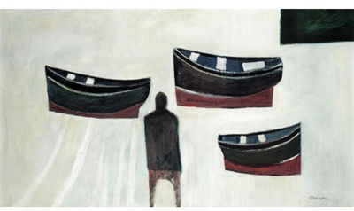 Sample artwork by Jack Pender (1918 - 1998), known for boats, water scenes with figures and structures, geometric abstraction - View similar artists and auction records