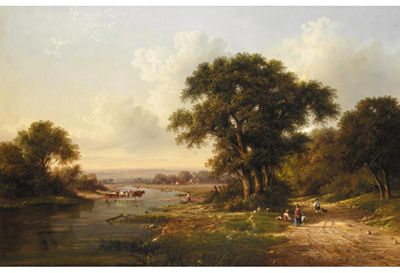 Figures on a Path in a Wooded River Landscape