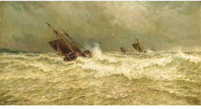 Stormy Seas at Dusk; Sailing at Dawn (a pair)