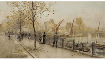 Chelsea Embankment showing Battersea Old Bridge, Cheyne Walk and Chelsea Old Church by Herbert Menzies Marshall - Auction record, sale price, and art valuation. Compare with similar artists and explore comparable artworks.