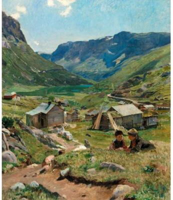SOMMERDAG, UTSIKT OVER DALEN VED SKOGSTAD (SUMMER DAY: VIEW OF THE VALLEY AT SKOGSTAD) by Eilif Emanuel Peterssen - Auction record, sale price, and art valuation. Compare with similar artists and explore comparable artworks.