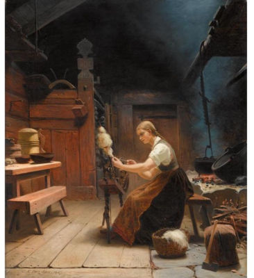 KVINNE VED ROKKEN I BONDEINTERIØR (WOMAN SPINNING WOOL) by Knud Larsen Bergslien - Auction record, sale price, and art valuation. Compare with similar artists and explore comparable artworks.