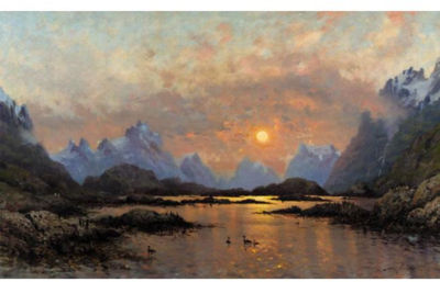 SOLNEDGANG OVER ET FJELLVANN (SUNSET OVER A MOUNTAIN LAKE) by Frithjof Smith-Hald - Auction record, sale price, and art valuation. Compare with similar artists and explore comparable artworks.