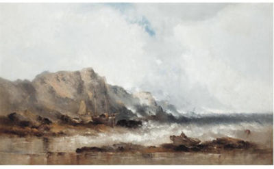 STORMY SEAS WITH FISHING BOATS; STORMY SEAS WITH A CASTLE BEYOND (A PAIR)