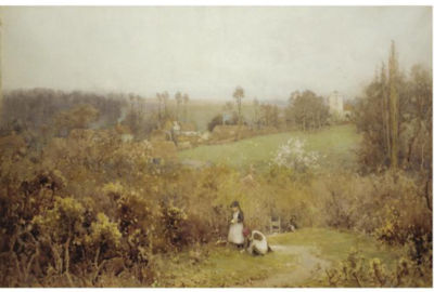 YOUNG GIRLS GATHERING PRIMROSES