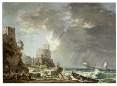 A MEDITERRANEAN COASTAL SCENE WITH FIGURES AND BOATS]