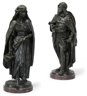 PAIR OF BROWN PATINATED BRONZE FIGURES OF A WATERCARRIER AND AN ARABIAN WARRIOR
