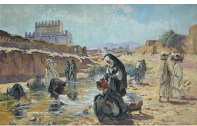 WASHERWOMEN AT TIZNIT by Henri Jean Pontoy - Auction record, sale price, and art valuation. Compare with similar artists and explore comparable artworks.