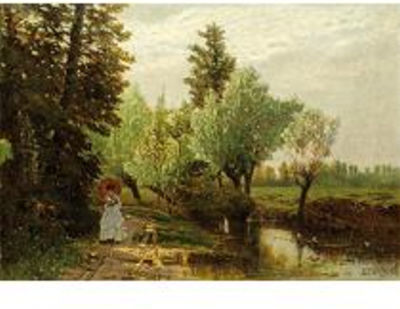 JEUNE FEMME LISANT SUR LES BORDS D'UNE RIVIÈRE