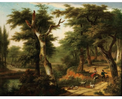 WOODED LANDSCAPES WITH A SHEPHERDESS AND HER HERD ON A PATH
