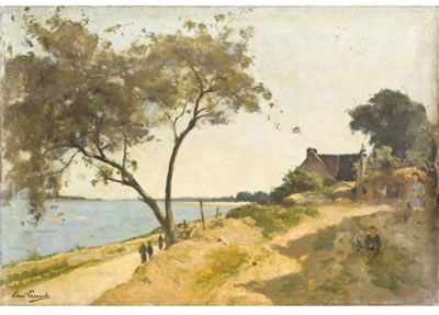 BORDS DE RIVIÈRE À DOUARNENEZ; BORD DE MER AVEC PROMENEURS SUR UN CHEMIN; PETIT PÊCHEUR DANS UNE BARQUE