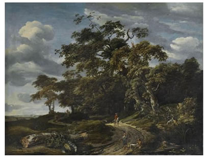PAYSAGE BOISÉ AVEC UN CAVALIER ET UN FAUCONNIER