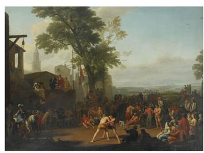 SCÈNE DE LUTTE SUR LA PLACE D'UN VILLAGE