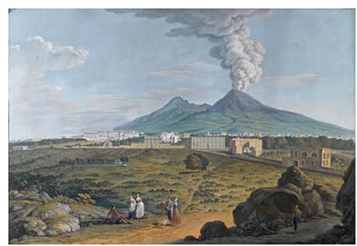 NAPLES, VUE DU PALAIS ROYAL DE PORTICI, AVEC LE VÉSUVE EN ÉRUPTION;a pair (2)