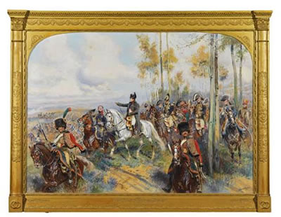 NAPOLÉON EN TENUE DE COLONEL DE LA GARDE, DONNANT DES ORDRES, PRÉCÉDÉ DE DEUX CHASSEURS À CHEVAL