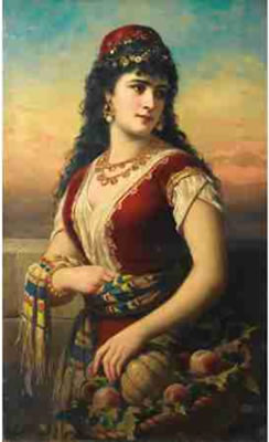 ORIENTAL WOMAN HOLDING A BASKET OF FRUIT