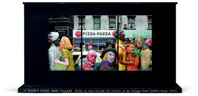VIEW OF ST MARK'S PLACE, EAST VILLAGE, NEW YORK CITY AS SEEN THROUGH THE WINDOW OF THE VILLAGE EAST COFFEE SHOP