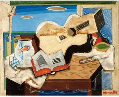 BOCAL AU POISSON, LIVRE, GUITARE DEVANT LE BALCON