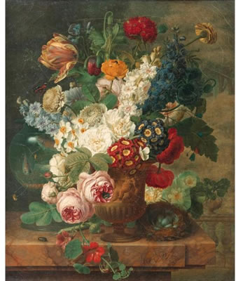 Still life with flowers, fish bowl and nest on a ledge by Christiaen van Pol - Auction record, sale price, and art valuation. Compare with similar artists and explore comparable artworks.