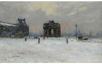 Paris, le Pavillon de Flore et l'Arc de Triomphe du Carrousel sous la neige