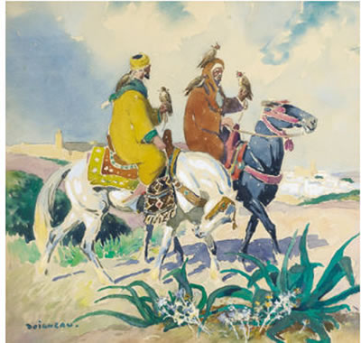 FAUCONNIERS À CHEVAL PRÈS D'UNE VILLE